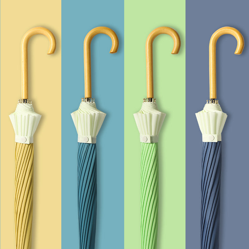 16本骨切り替え配色耐風ストレート傘 天然木ハンドル付き長 傘