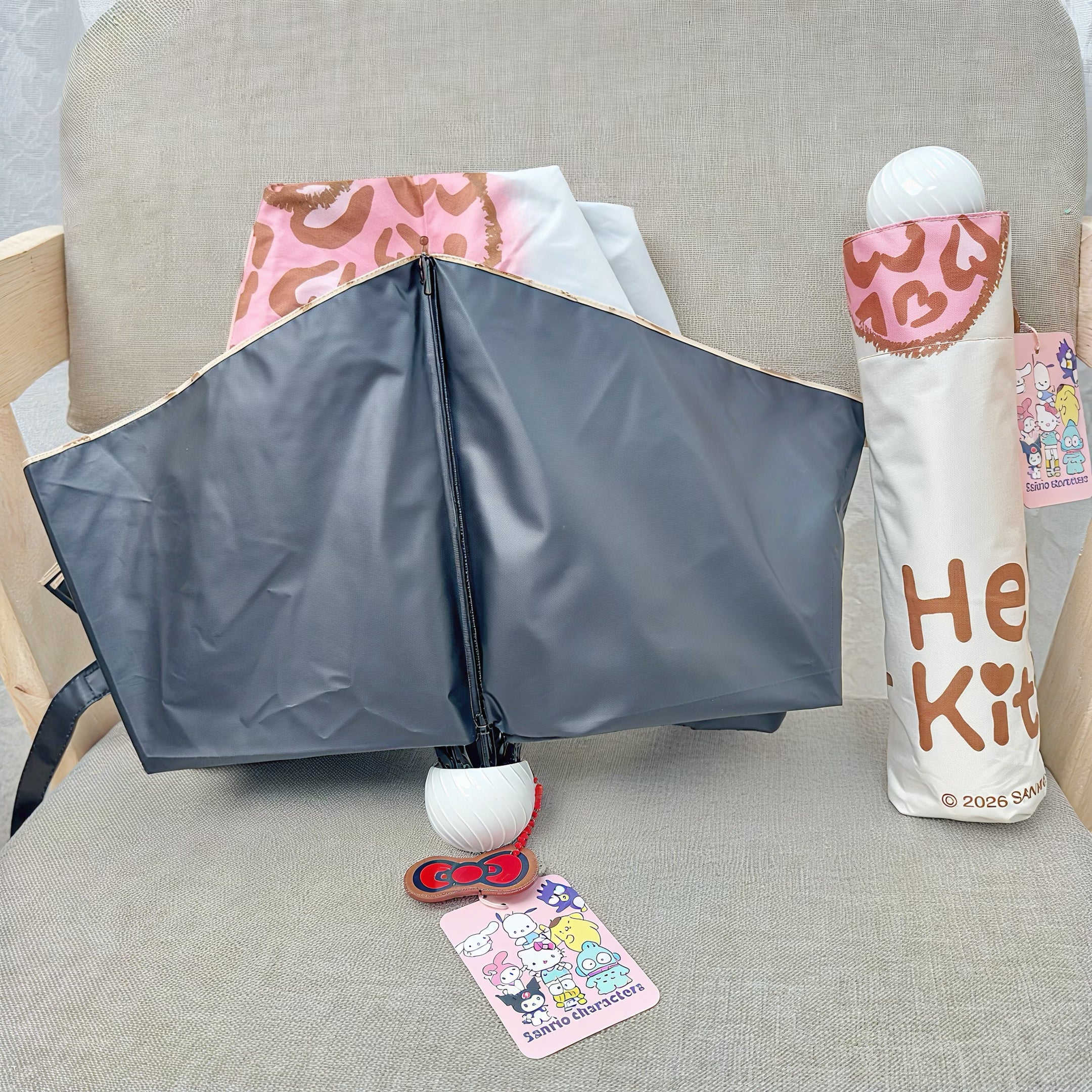 逆折り式・キティ風デザイン 子供用UVカット日傘(8本骨・三つ折り)