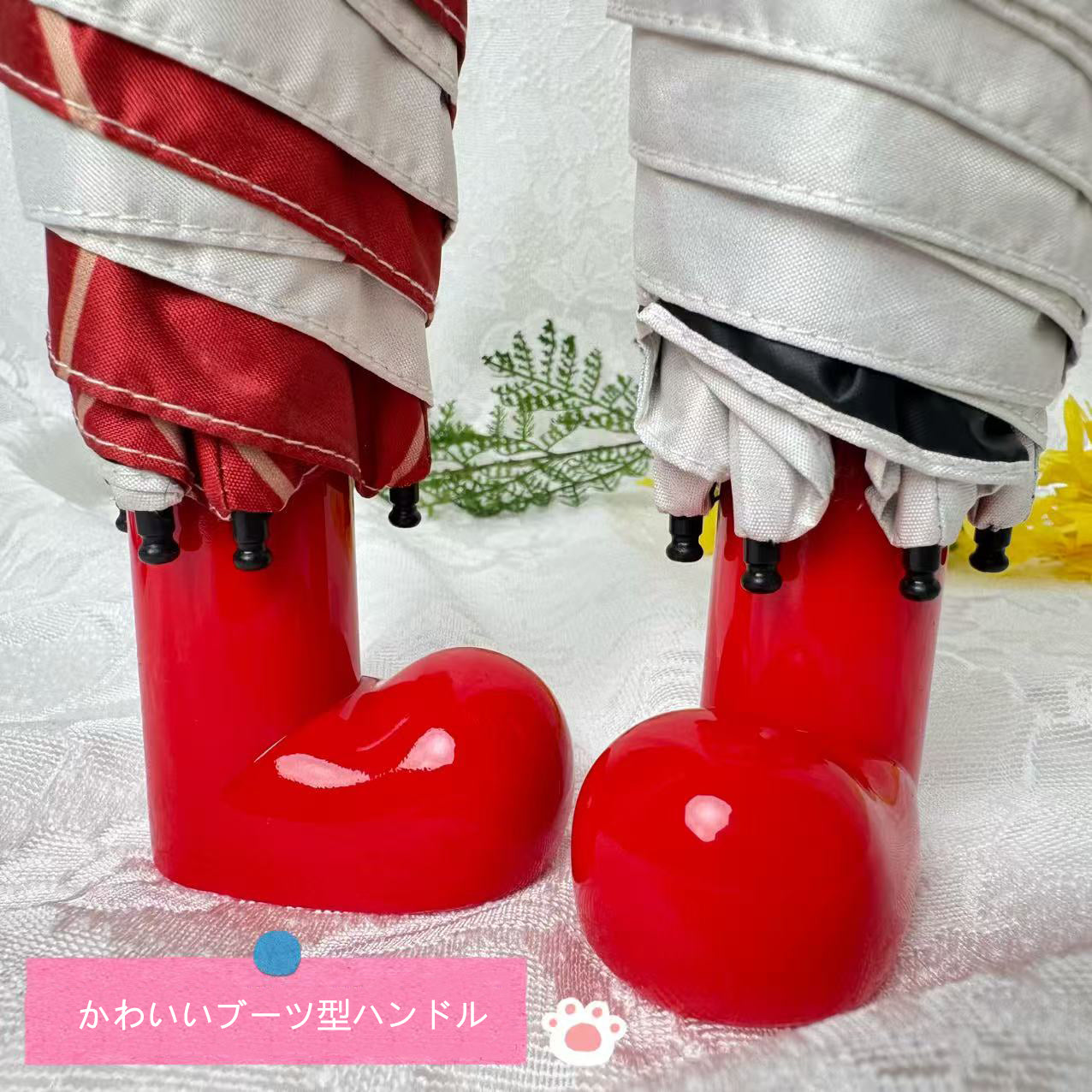 レッドブーツ型ハンドル・カートゥーン柄 学生用コンパクト晴雨兼用日傘