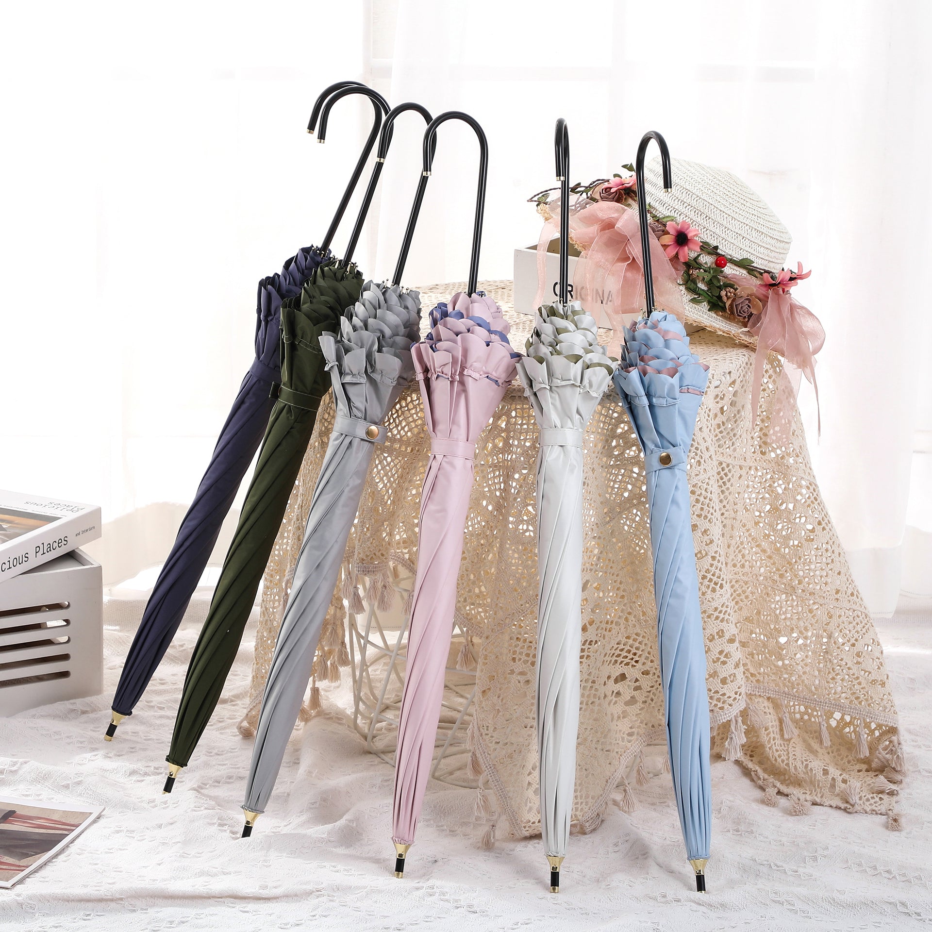 8 本 骨フリル付き長傘 レディース 長 傘 完全 遮光