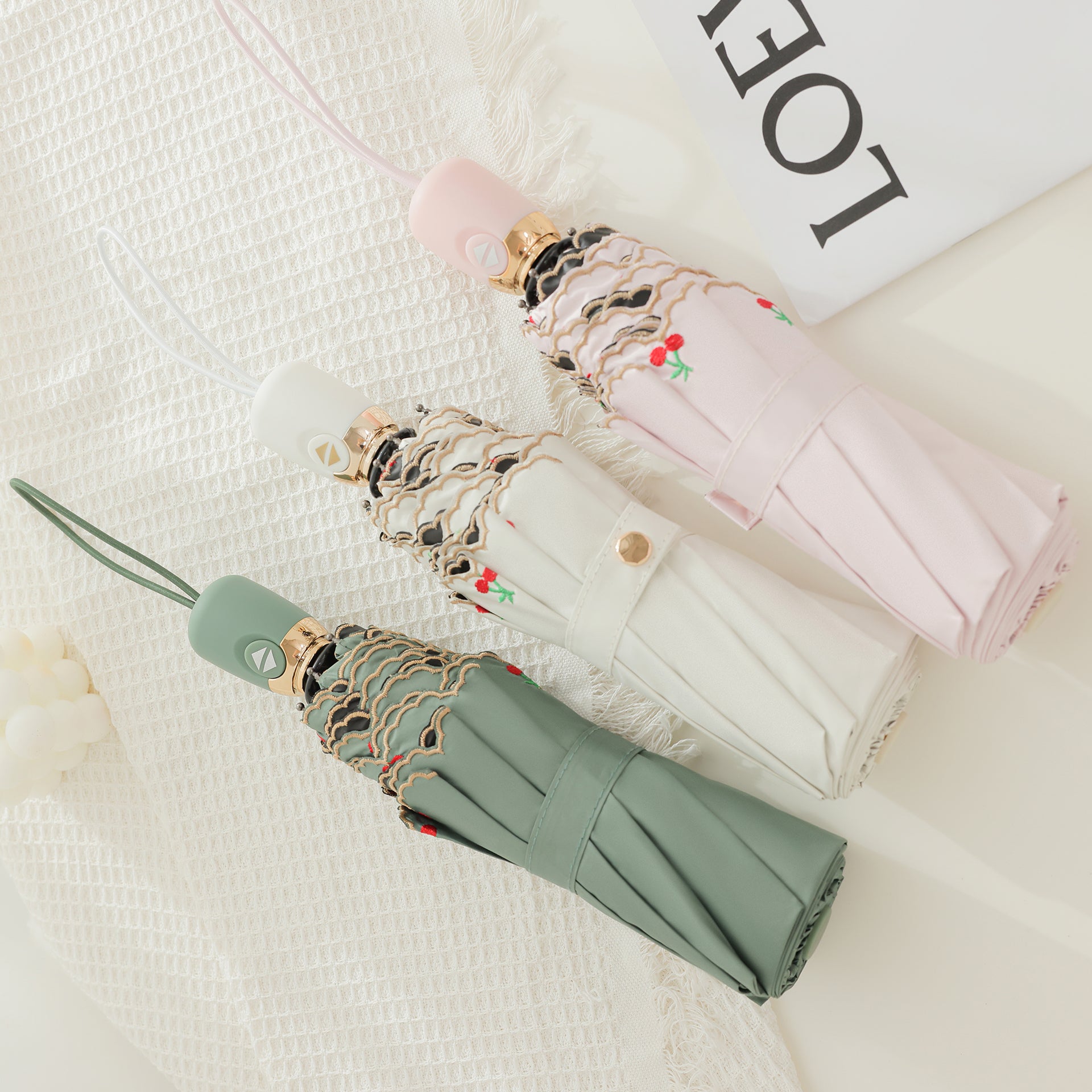 さくらんぼ刺繍の日傘、自動開閉の完全遮光日傘