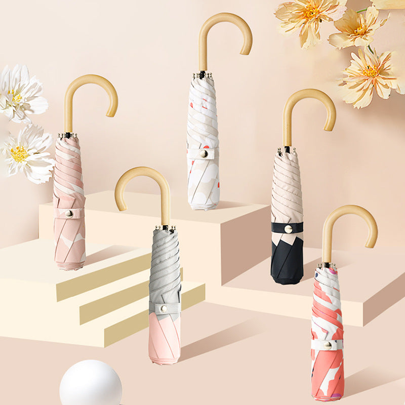 高級感のある曲がりハンドル付き折りたたみ日傘 花 柄 最新 傘