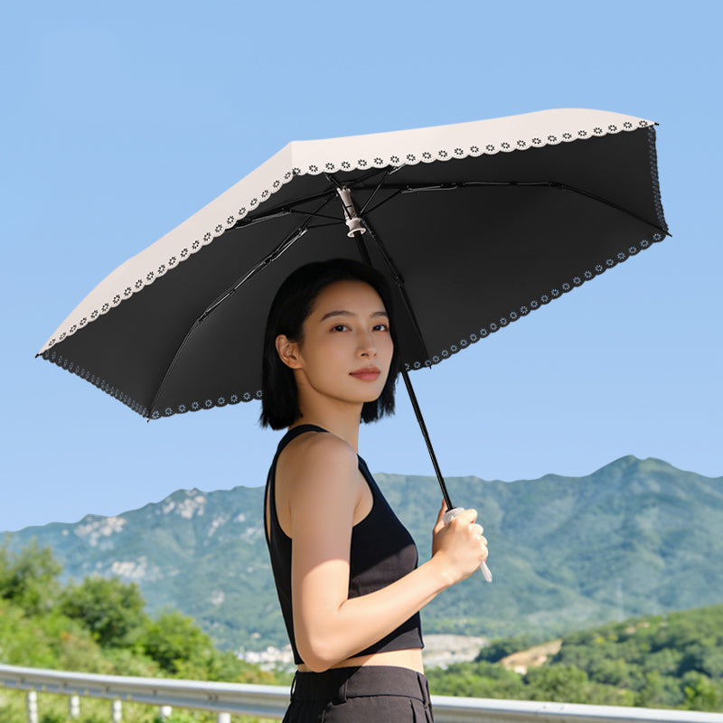 自動開閉・五つ折り6本骨 フリル付き晴雨兼用日傘