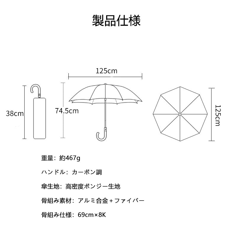 125cm超大型 自動開閉メンズビジネス傘 | 8本骨耐風モデル