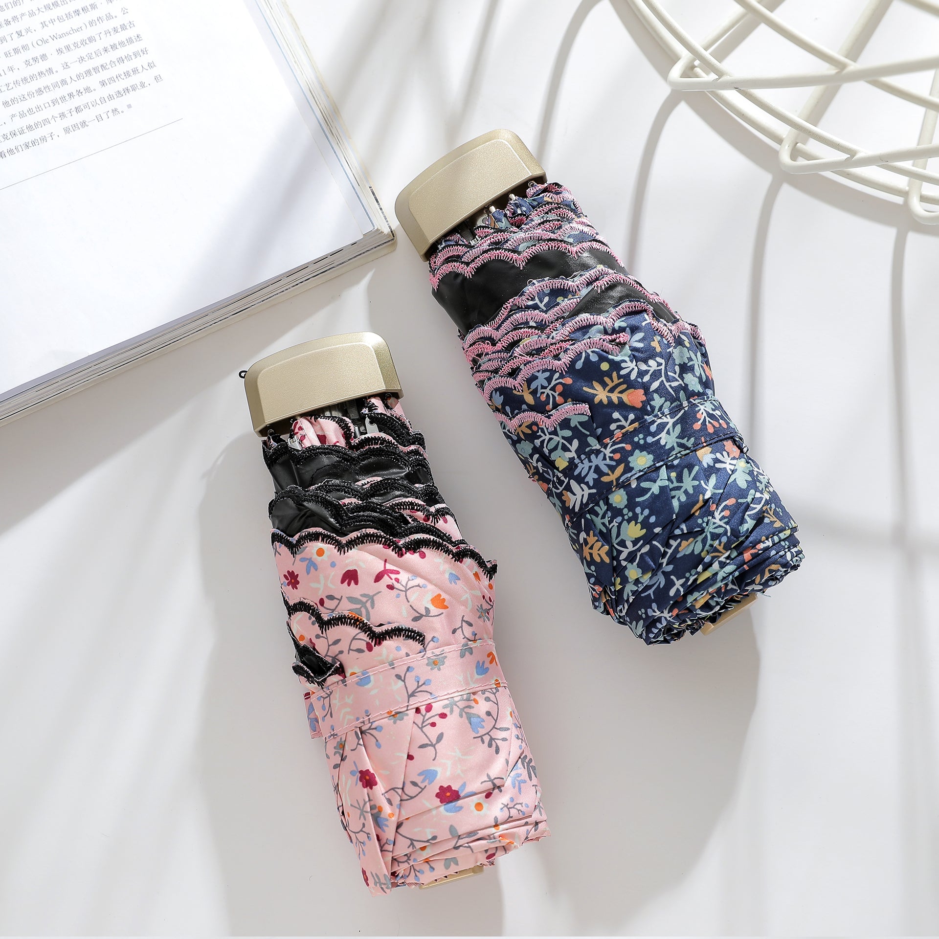 刺繍入り軽量日傘 5段折りたたみ傘 花 柄 | Kumokasa