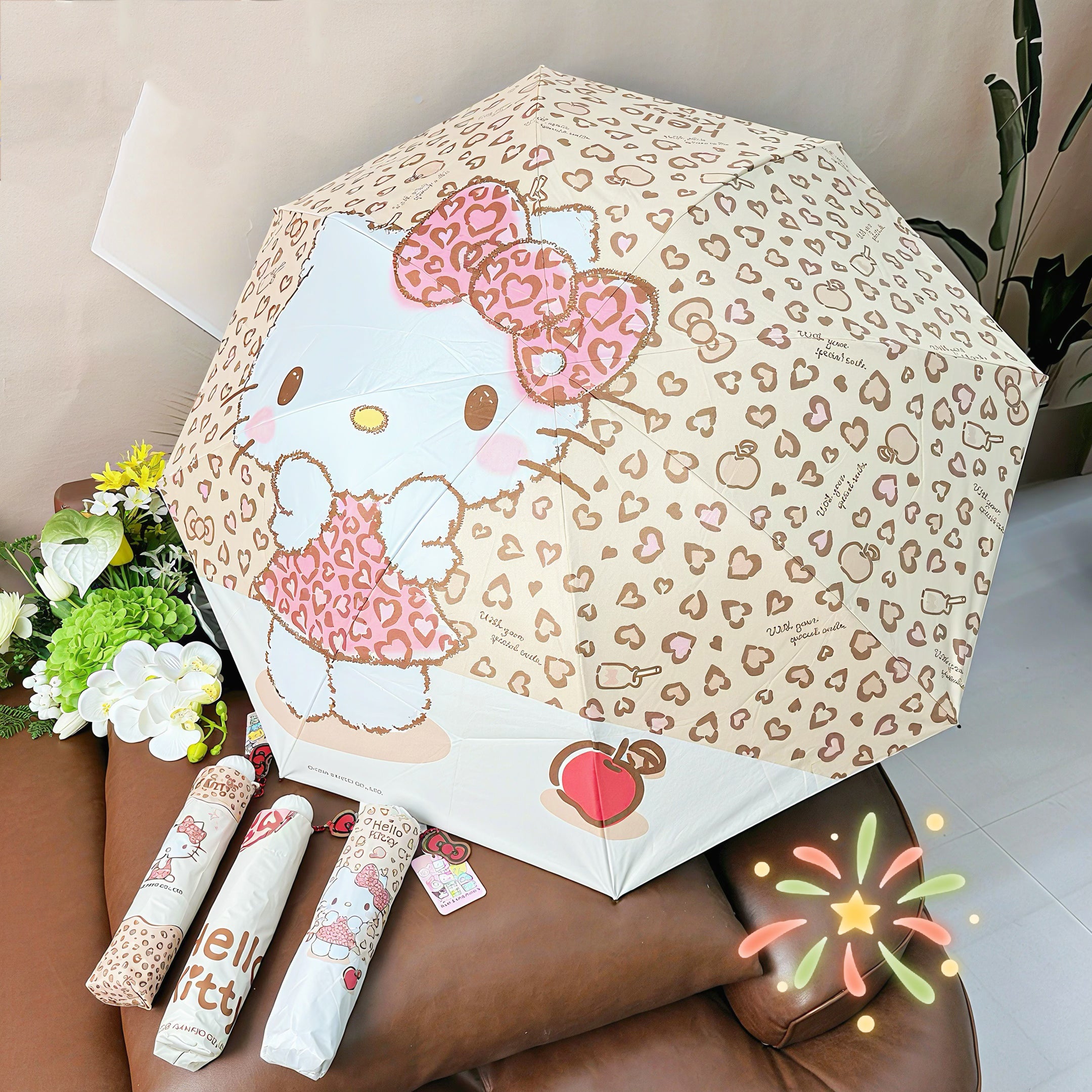 逆折り式・キティ風デザイン 子供用UVカット日傘（8本骨・三つ折り）