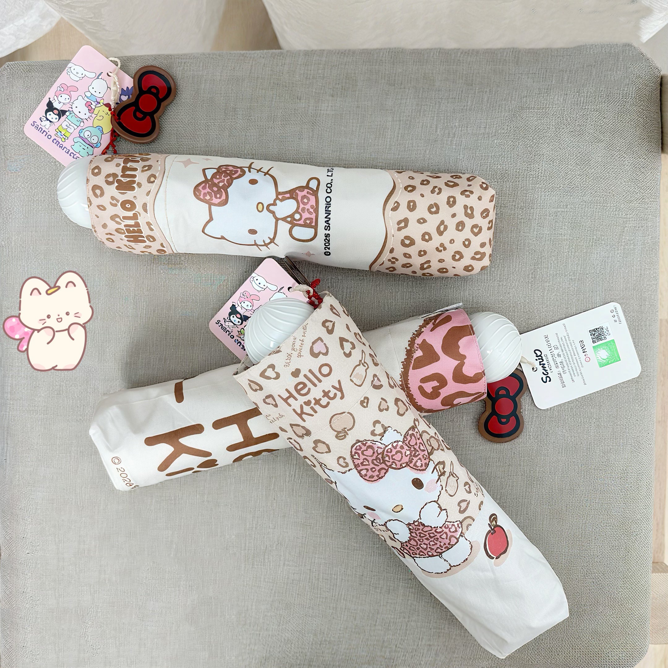 逆折り式・キティ風デザイン 子供用UVカット日傘（8本骨・三つ折り）