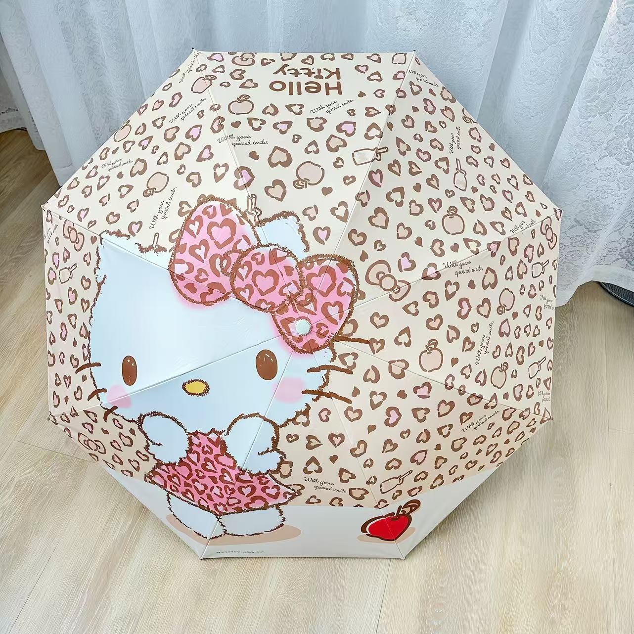 逆折り式・キティ風デザイン 子供用UVカット日傘（8本骨・三つ折り）