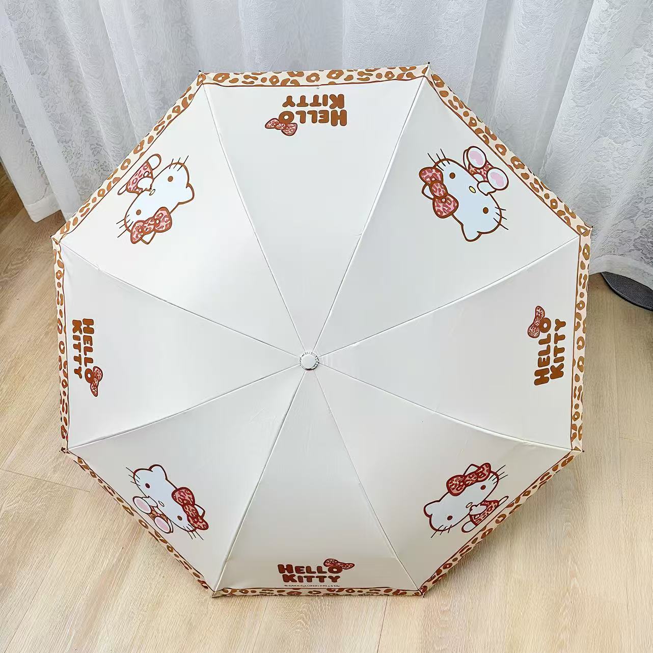 逆折り式・キティ風デザイン 子供用UVカット日傘（8本骨・三つ折り）
