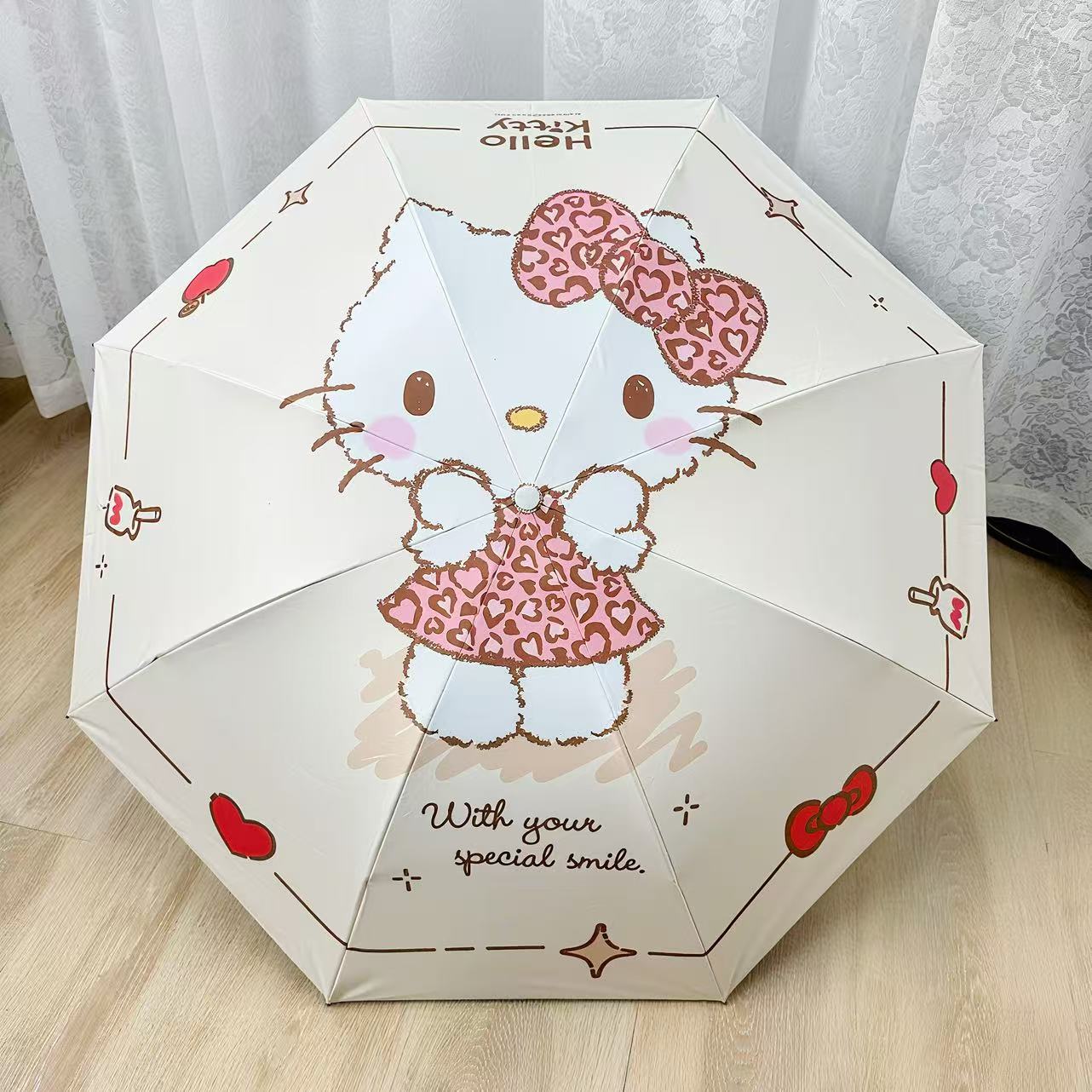 逆折り式・キティ風デザイン 子供用UVカット日傘（8本骨・三つ折り）