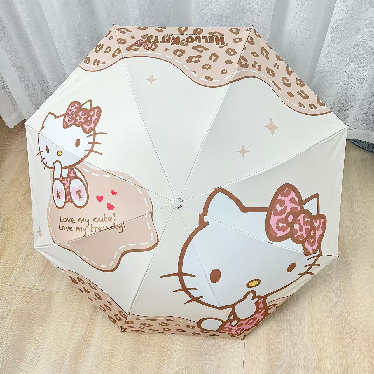 逆折り式・キティ風デザイン 子供用UVカット日傘（8本骨・三つ折り）