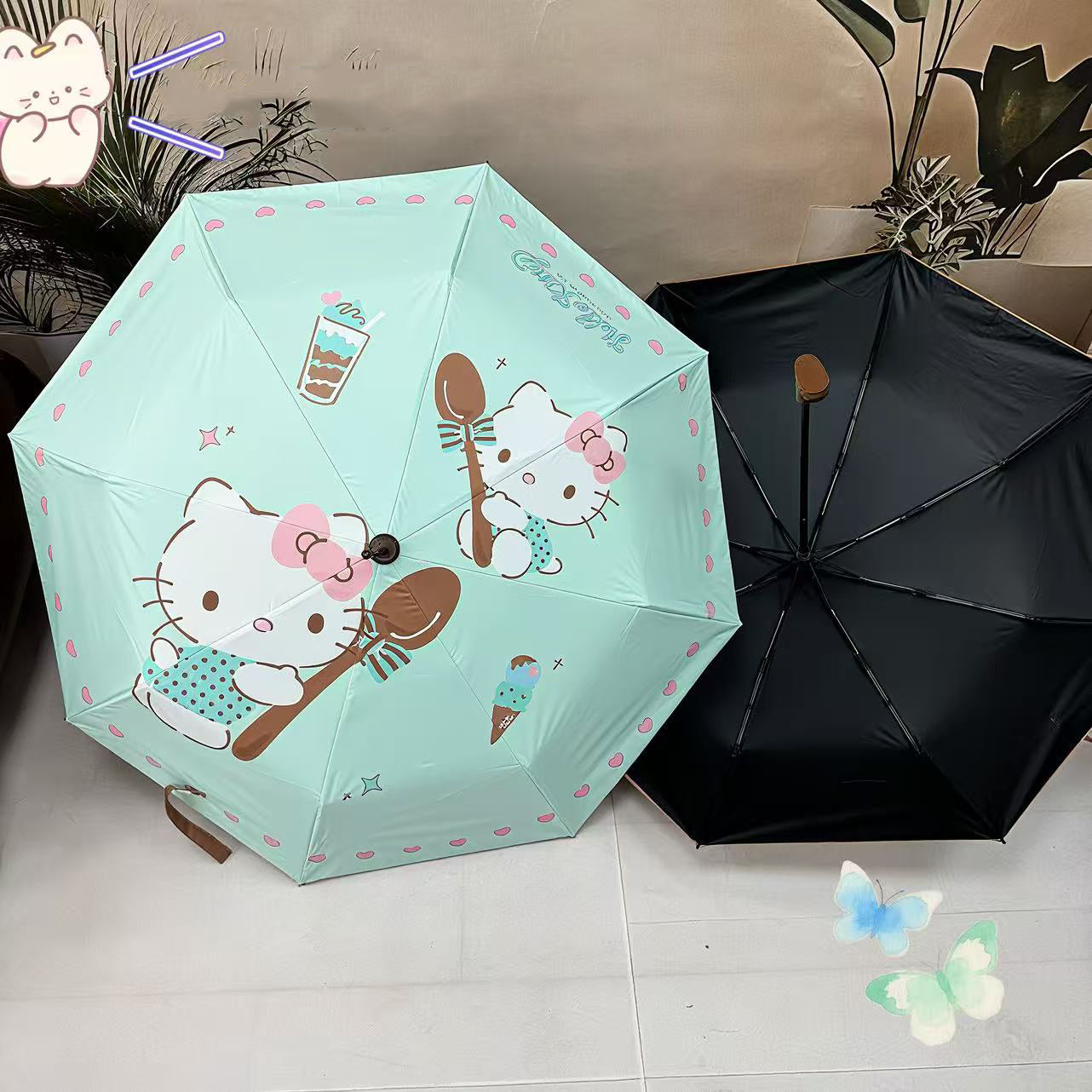 ブーツ型ハンドル・キティ風デザイン  キッズ用晴雨兼用日傘