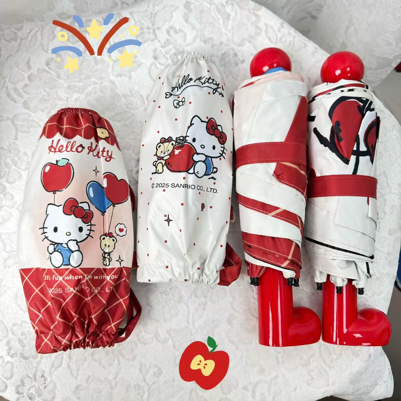 レッドブーツ型ハンドル・カートゥーン柄 学生用コンパクト晴雨兼用日傘