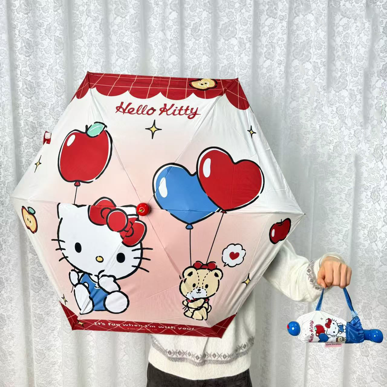 レッドブーツ型ハンドル・カートゥーン柄 学生用コンパクト晴雨兼用日傘