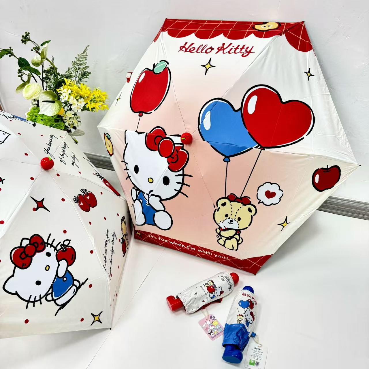 レッドブーツ型ハンドル・カートゥーン柄 学生用コンパクト晴雨兼用日傘