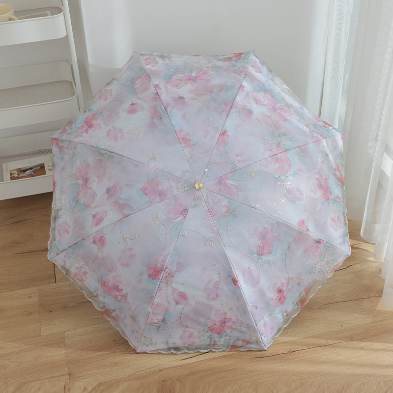 レース刺繍・二重構造 三つ折り8本骨 完全遮光 晴雨兼用日傘
