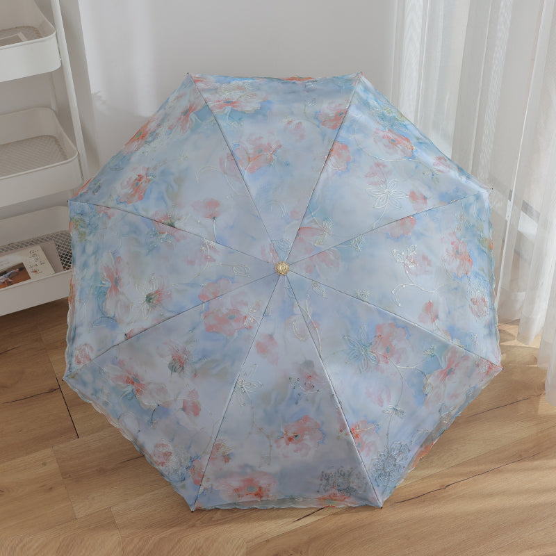レース刺繍・二重構造 三つ折り8本骨 完全遮光 晴雨兼用日傘