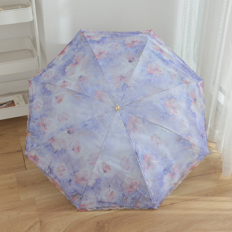 レース刺繍・二重構造 三つ折り8本骨 完全遮光 晴雨兼用日傘