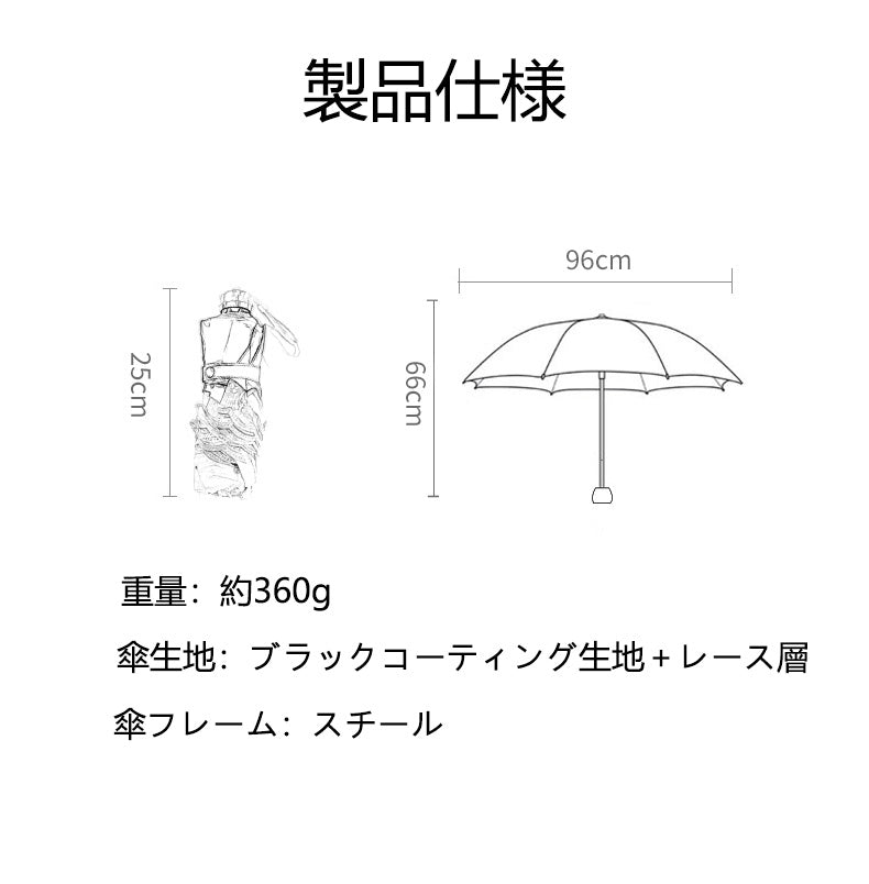 レース刺繍・二重構造 三つ折り8本骨 完全遮光 晴雨兼用日傘