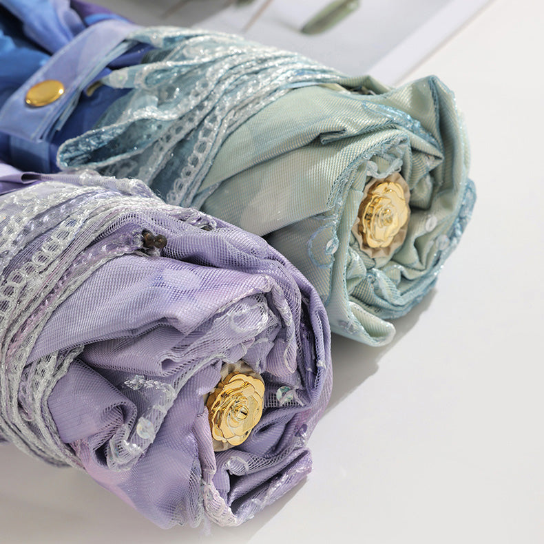 レース刺繍・二重構造 三つ折り8本骨 完全遮光 晴雨兼用日傘