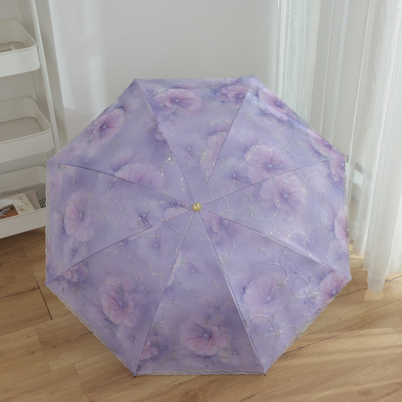 レース刺繍・二重構造 三つ折り8本骨 完全遮光 晴雨兼用日傘