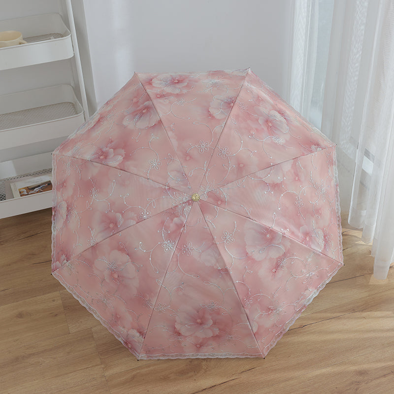 レース刺繍・二重構造 三つ折り8本骨 完全遮光 晴雨兼用日傘