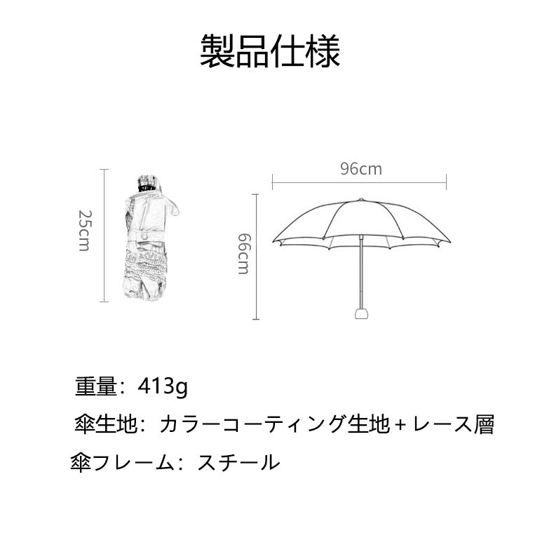 レース刺繍・二重構造 三つ折り8本骨 完全遮光 晴雨兼用日傘