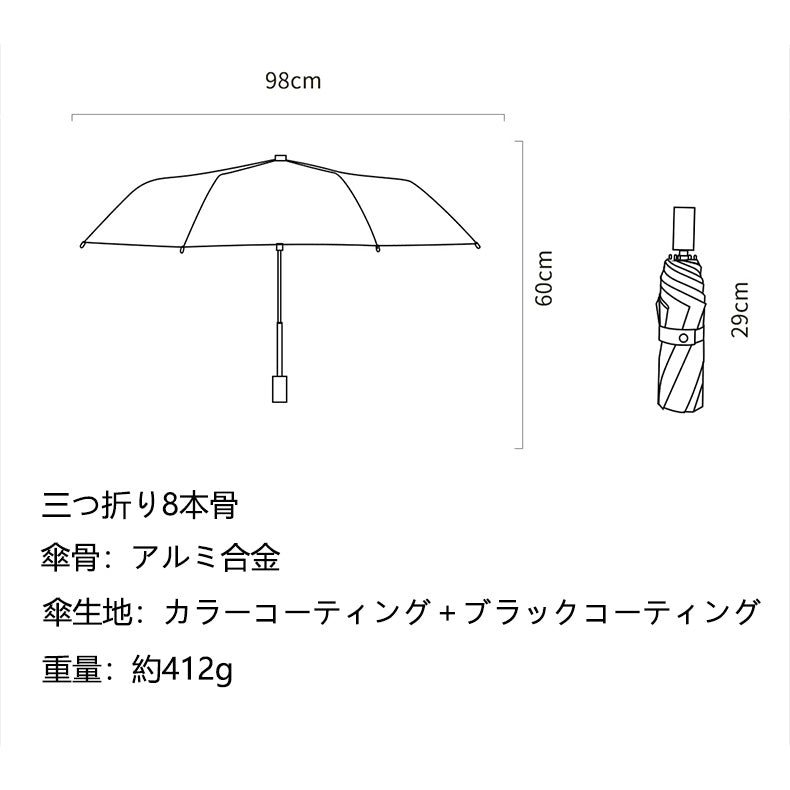 二重構造UVカット・三つ折り8本骨 完全遮光 晴雨兼用耐風折りたたみ日傘