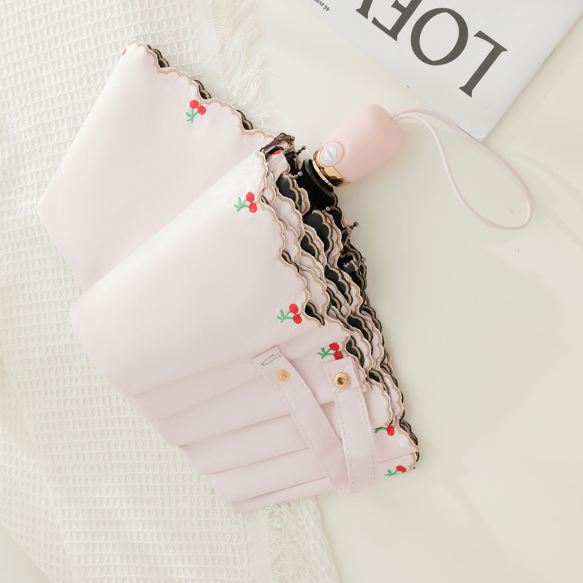 さくらんぼ刺繍の日傘、自動開閉の完全遮光日傘 | Kumokasa