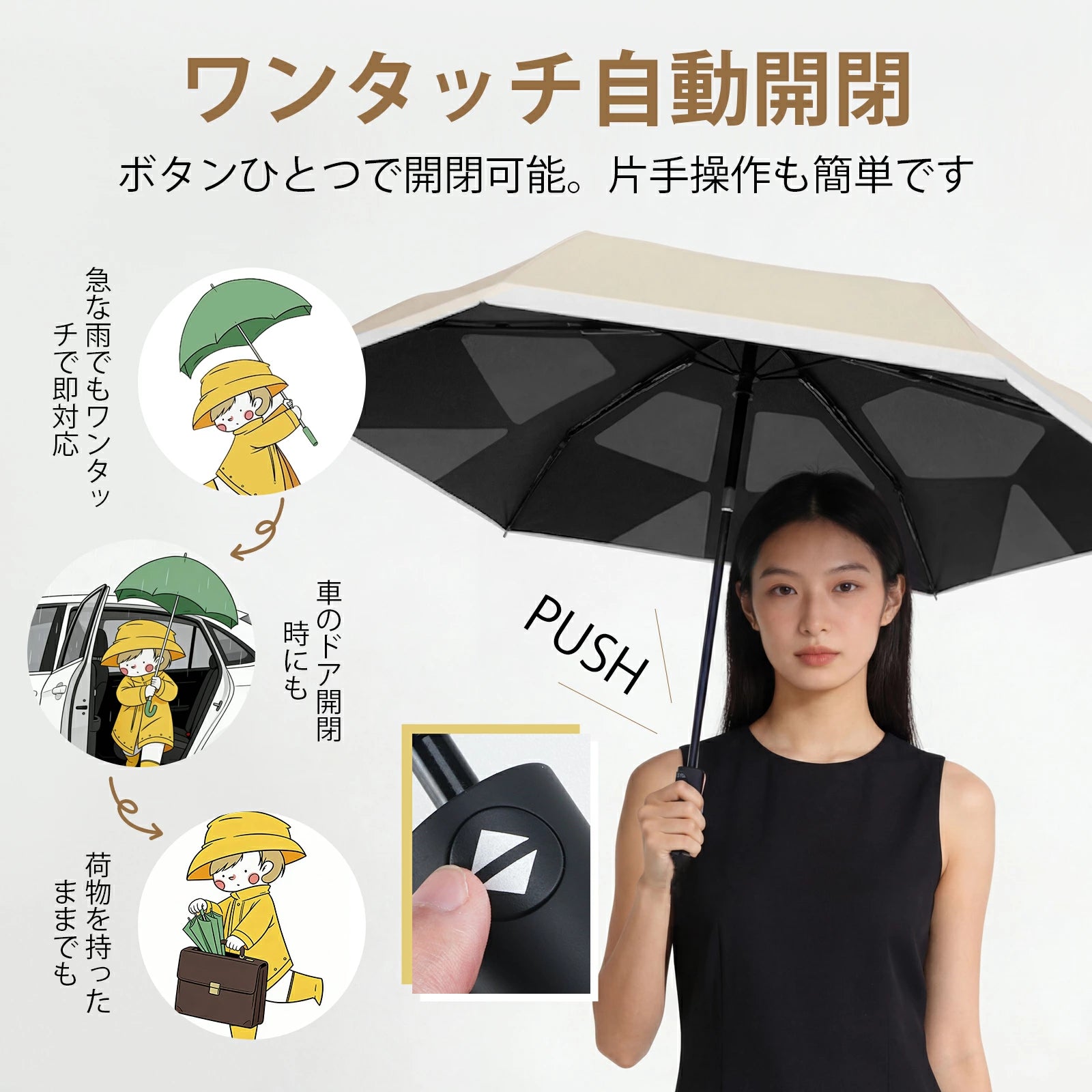 形状記憶・超軽量 三つ折り日傘｜6本骨・自動開閉・逆戻り防止モデル