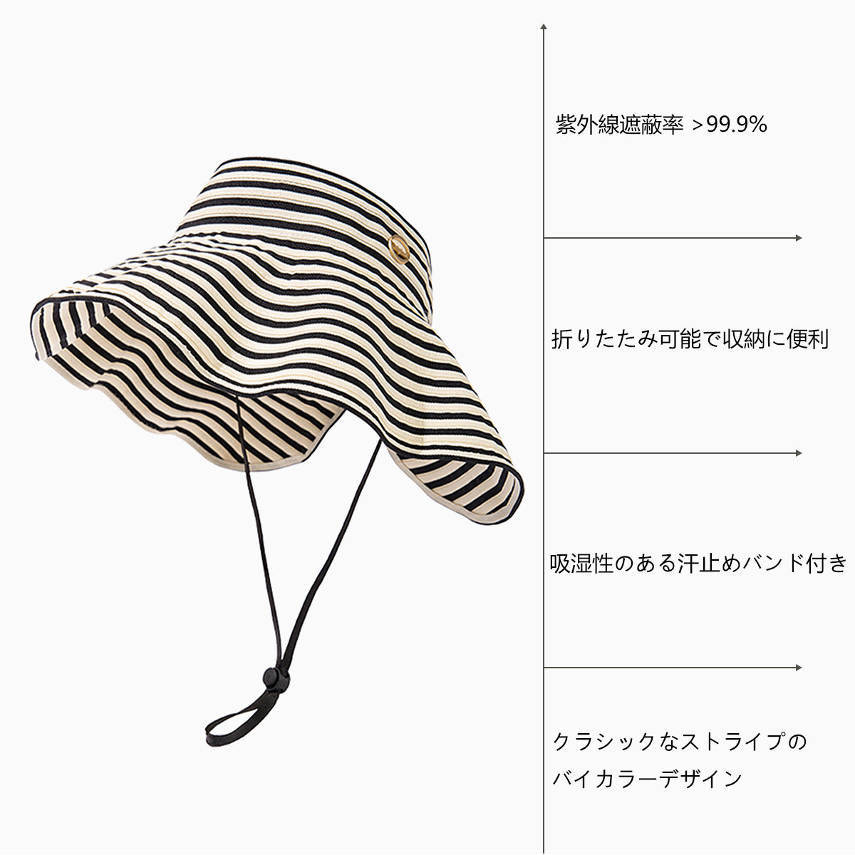 ストライプ柄レディース日よけ帽子 ハット 折りたたみ可能