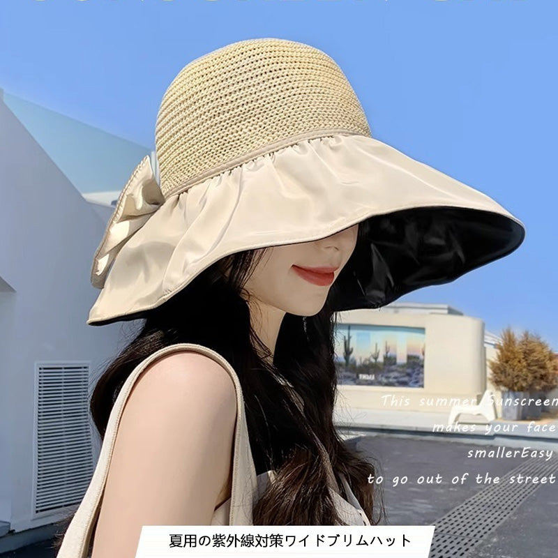 帽子 レディース uv カット の 帽子 リボン付きのつば広帽子 | Kumokasa