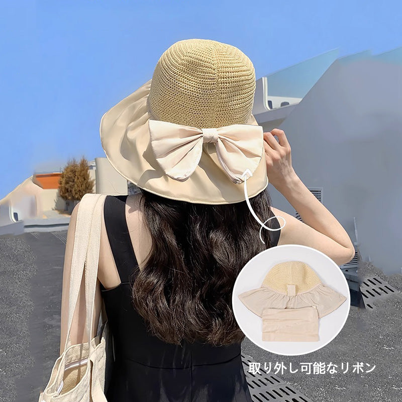 リボン付きつば広帽子 ホワイトベージュ 帽子 レディース uv カット の 帽子 リボン付きのつば広帽子