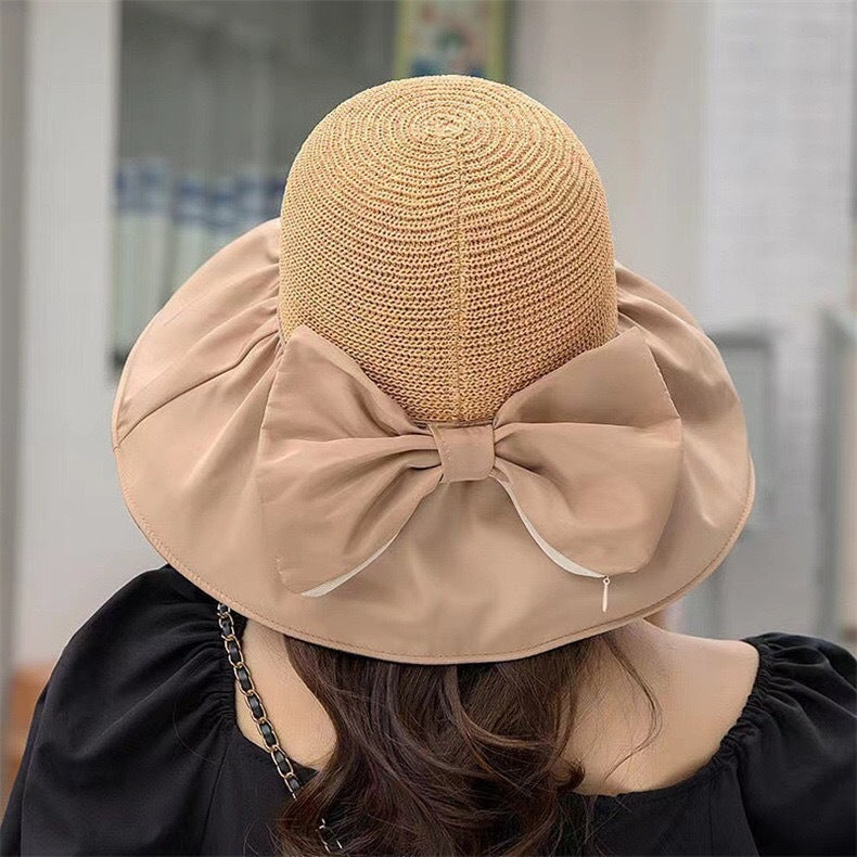 リボン付きつば広帽子 ホワイトベージュ 帽子 レディース uv カット の 帽子 リボン付きのつば広帽子